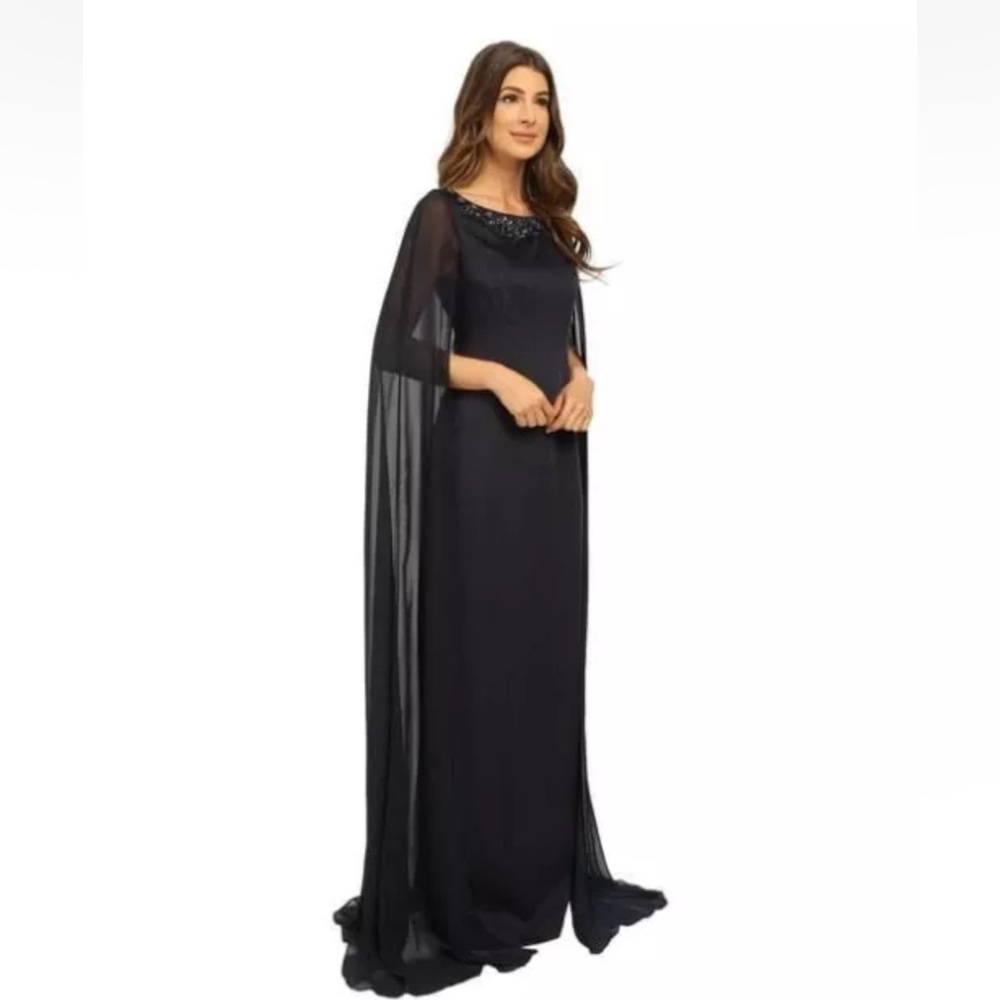 ADRIANNA PAPELL Navy Blue Sheer Cape Rhinestone Neck Maxi Gown Size 10